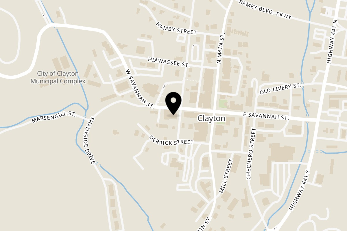 Map showing the location of Frida Taqueria & Cantina on 77 W Savannah St in Clayton